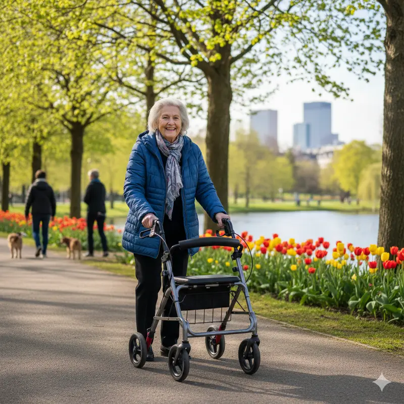 Personne âgée utilisant un rollator dans un parc