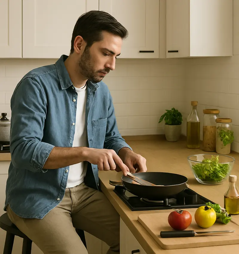 Homme assis sur un tabouret de cuisine pour préparer un repas confortablement